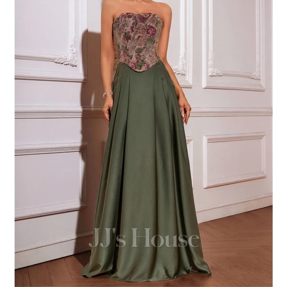 Elegant Green Corset Floral Strapless Dress size small - Picture 4 of 5